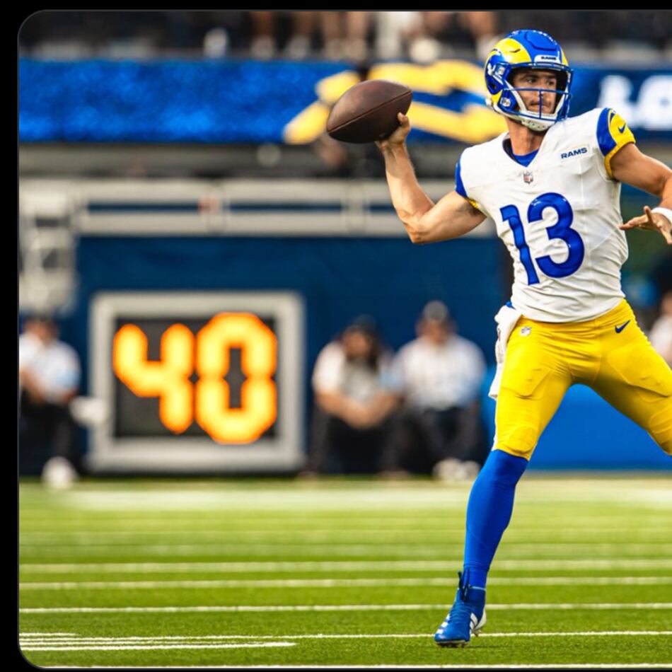 Former Georgia quarterback Stetson Bennett is battling to keep a roster spot in Los Angeles after the Rams selected former Alabama quarterback Ty Simpson in the first round of the 2026 NFL Draft. (LA Rams photo)