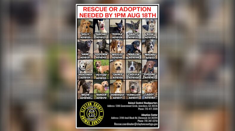Clayton County Animal Control needs help to save 20 dogs at risk of being euthanized. The shelter is pleading with the public to adopt the potential pets by 1 p.m. Thursday.