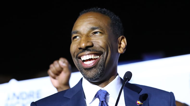 113021 Atlanta: Atlanta Mayor elect Andre Dickens is all smiles giving his victory address at his election night watch party on Tuesday, Nov. 30, 2021, at the Gathering Spot in Atlanta.   “Curtis Compton / Curtis.Compton@ajc.com”`