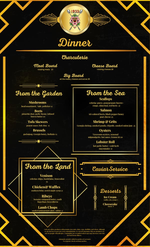 The menu from Cafe 1933.