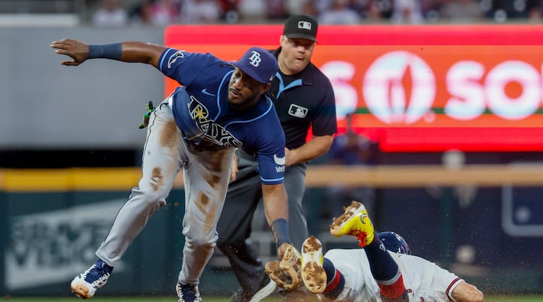 Atlanta Braves left fielder Mauricio Dubón is tagged out by Tampa Bay Rays shortstop Jorge Mateo in the first inning at Truist Park on Wednesday, Sep. 9, 2026, in Atlanta. (Miguel Martinez/ AJC)