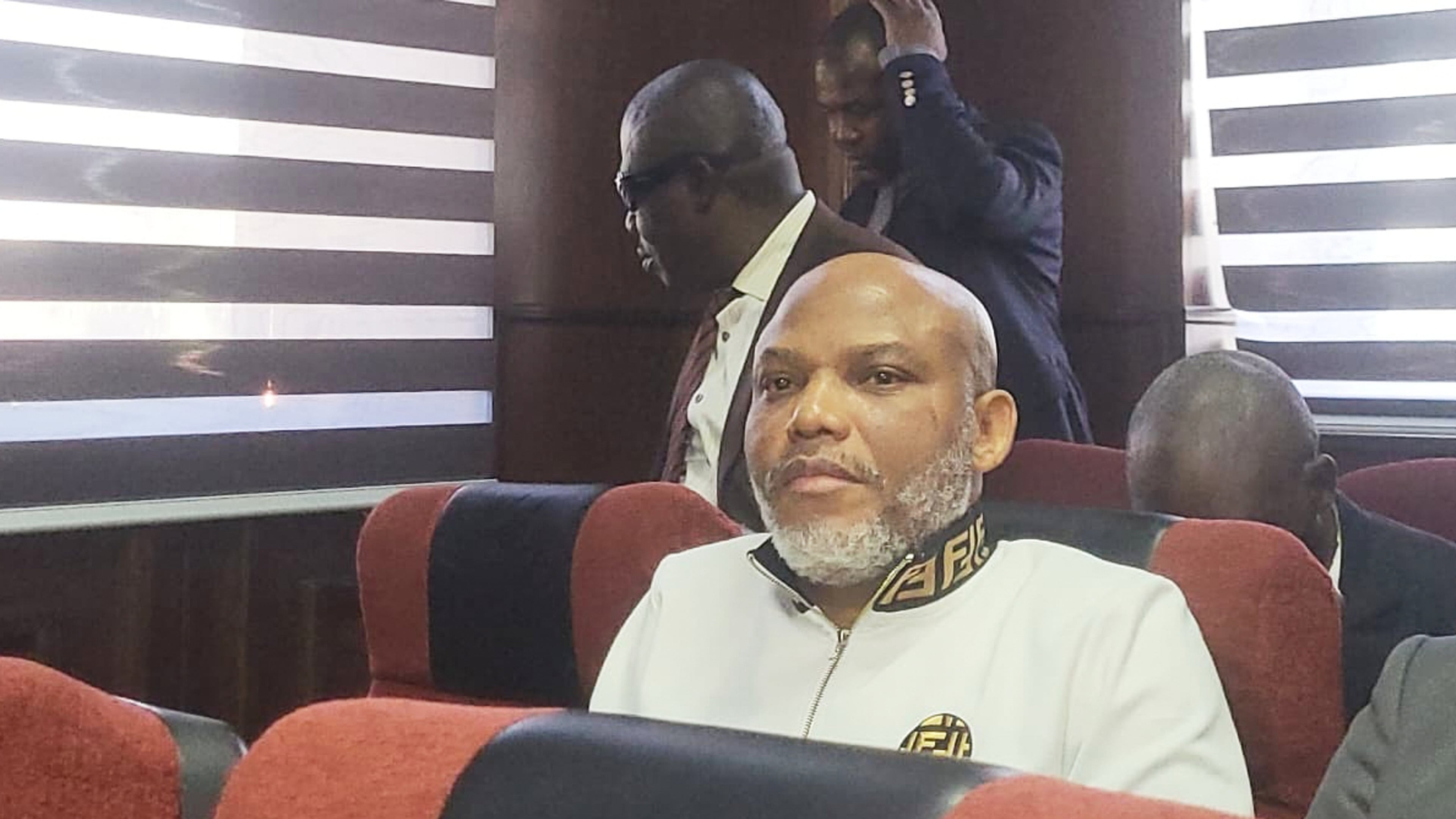 Separatist leader Nnamdi Kanu attends a court hearing on terrorism-related charges in Abuja, Nigeria, Thursday, Nov. 20, 2025. (AP Photo)