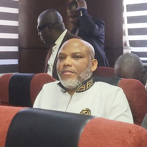 Separatist leader Nnamdi Kanu attends a court hearing on terrorism-related charges in Abuja, Nigeria, Thursday, Nov. 20, 2025. (AP Photo)