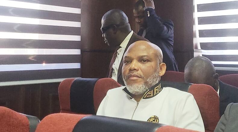 Separatist leader Nnamdi Kanu attends a court hearing on terrorism-related charges in Abuja, Nigeria, Thursday, Nov. 20, 2025. (AP Photo)