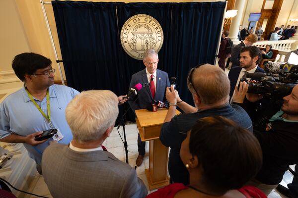State Sen. Ben Watson, R-Savannah, speaks to reporters about an in vitro ferritization bill at the Capitol in Atlanta on Thursday, March 27, 2025. (Arvin Temkar / AJC)