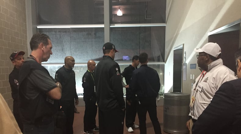 Several Falcons assistant coaches were angry after the game for -- among other things -- the elevator not being available to take them down to the locker room. (Curtis Compton / ccompton@ajc.com)