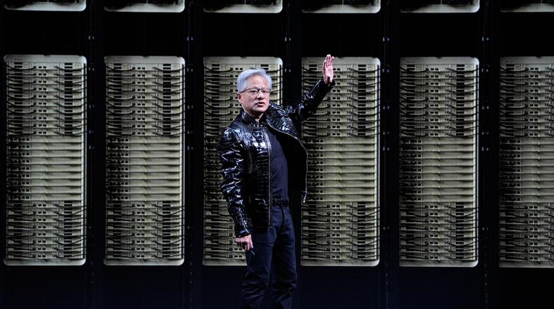 Nvidia founder and CEO Jensen Huang speaks about the NVIDIA Rubin AI super computing platform during a Nvidia news conference ahead of the CES tech show Monday, Jan. 5, 2026, in Las Vegas. (AP Photo/John Locher)