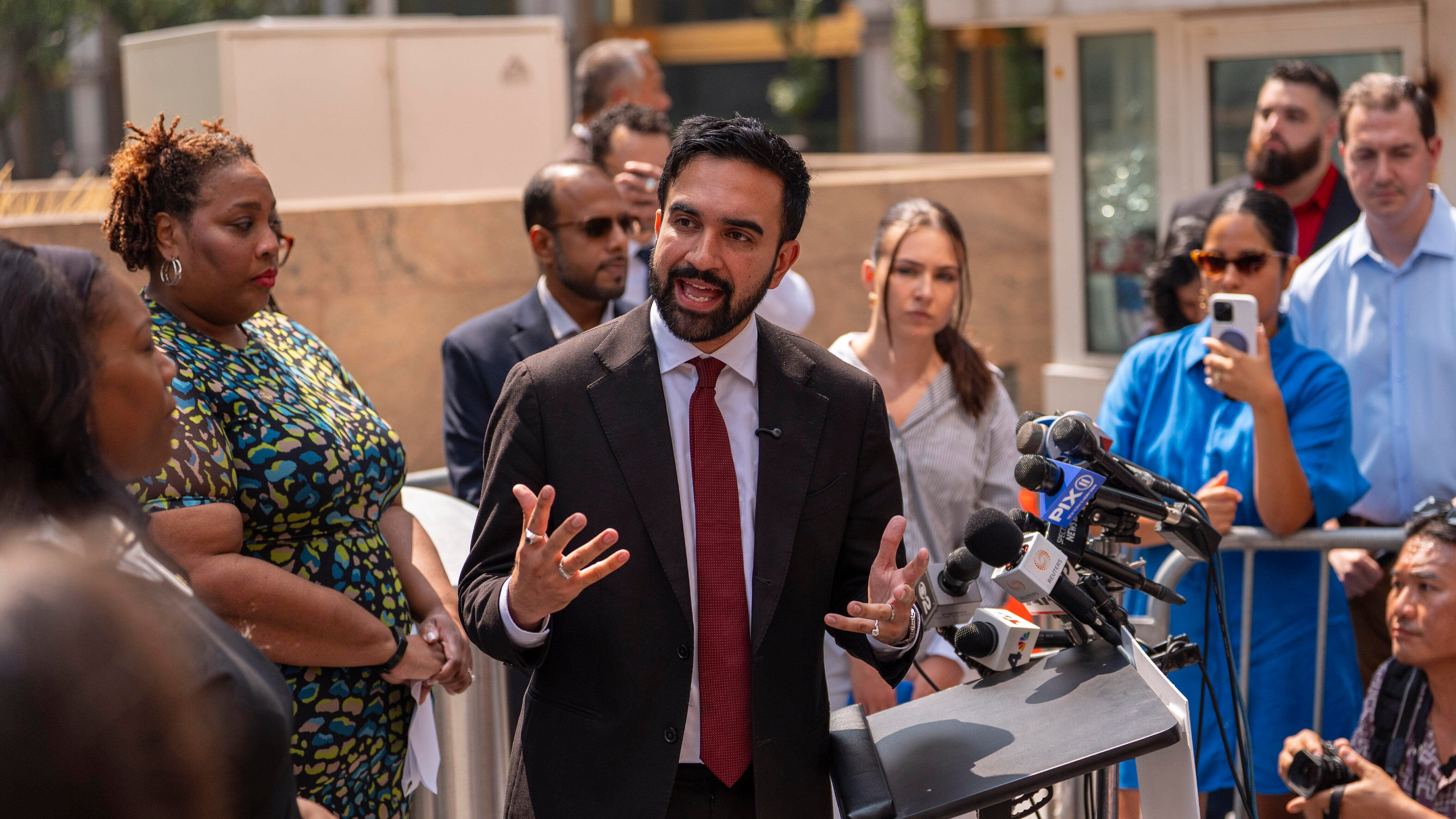 FILE - New York City Democratic mayoral candidate Zohran Mamdani speaks during a press conference outside the Jacob K. Javits federal building, Aug. 7, 2025, in New York. (AP Photo/Yuki Iwamura, File)