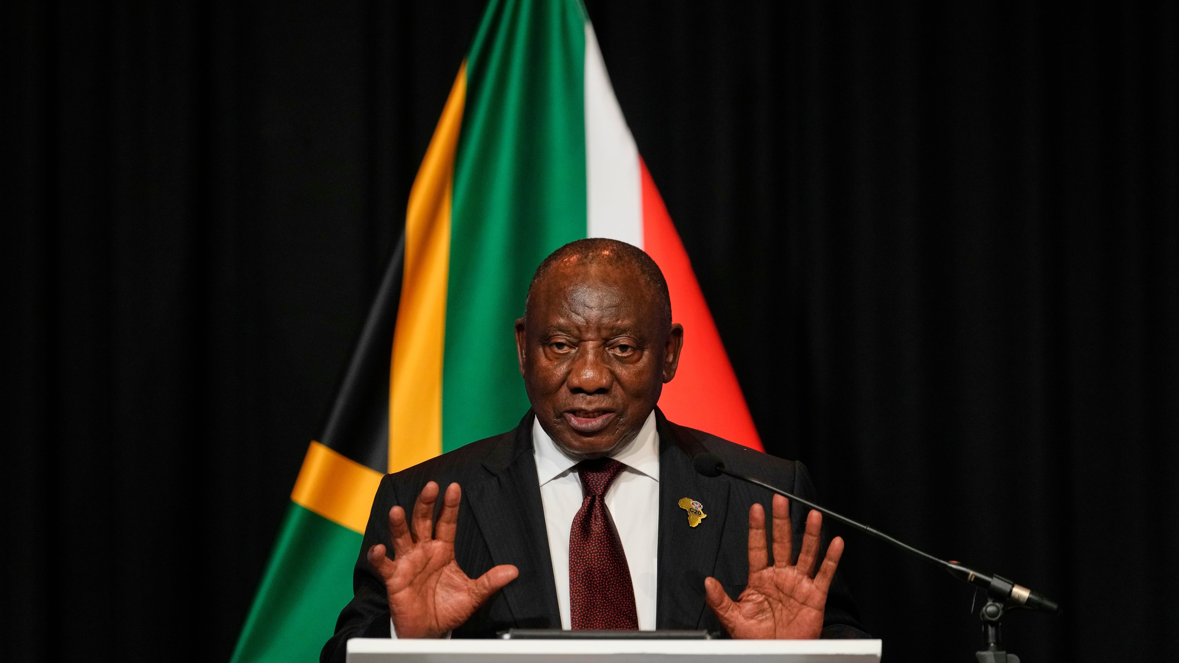 South African President Cyril Ramaphosa address the media with EU leaders in Johannesburg, South Africa, Thursday, Nov. 20, 2025. (AP Photo/Themba Hadebe)