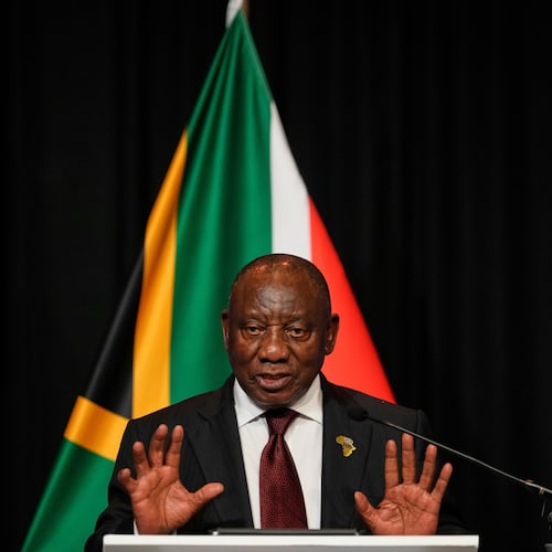 South African President Cyril Ramaphosa address the media with EU leaders in Johannesburg, South Africa, Thursday, Nov. 20, 2025. (AP Photo/Themba Hadebe)