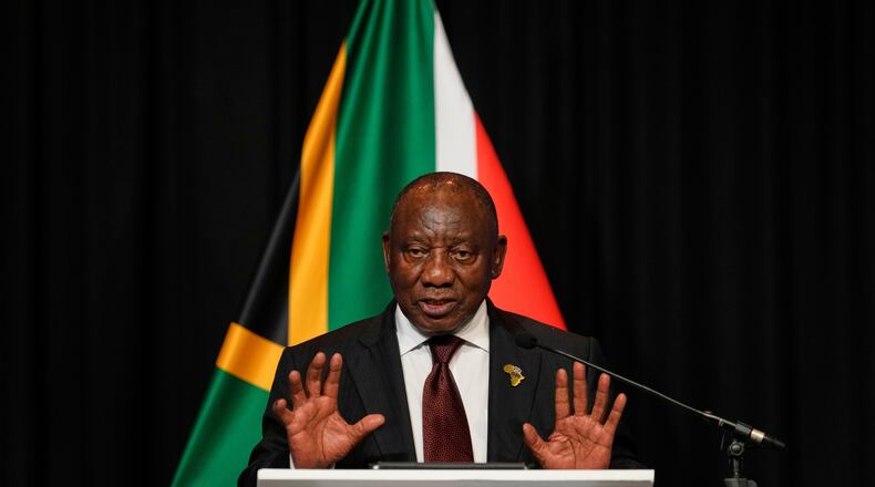 South African President Cyril Ramaphosa address the media with EU leaders in Johannesburg, South Africa, Thursday, Nov. 20, 2025. (AP Photo/Themba Hadebe)