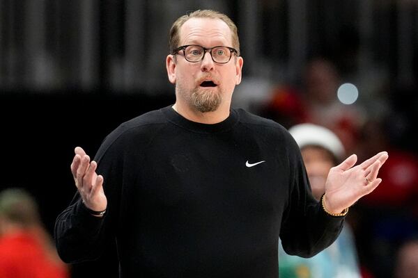 Philadelphia 76ers head coach Nick Nurse reacts to play against the Atlanta Hawks during the first half of an NBA basketball game, Monday, March 10, 2025, in Atlanta. (AP Photo/Mike Stewart)