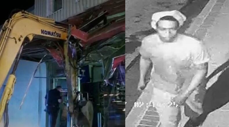 Gwinnett County police are looking for a man who tried to break into a Lawrenceville gun store using a track hoe.