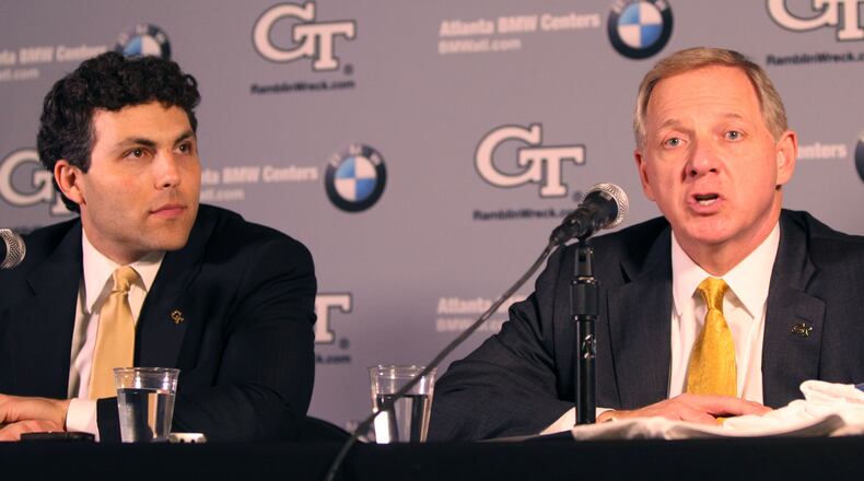 April 8, 2016 Atlanta - Georgia Tech Director of Athletics Mike Bobinski and newly appointed basketball head coach Josh Pastner speak at a press conference at Georgia Tech. TAYLOR CARPENTER / TAYLOR.CARPENTER@AJC.COM