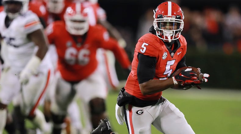Georgia wide receiver Terry Godwin breaks away for a 37-yard touchdown catch and a 20-10 lead against Auburn on Saturday, Nov. 10, 2018, at Sanford Stadium in Athens, Ga. (Curtis Compton/Atlanta Journal-Constitution/TNS)