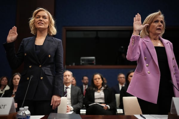 President and CEO of National Public Radio Katherine Maher, left, and President and CEO of Public Broadcasting Service Paula Kerger are sworn in before a House Oversight and Government Reform Committee hearing at the U.S. Capitol on March 26, 2025, in Washington, D.C. (Andrew Harnik/Getty Images)