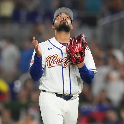 Venezuela pitcher Anthony Molina reacts after getting the final out during a World Baseball Classic game against Israel, Saturday, March 7, 2026, in Miami. (AP Photo/Lynne Sladky)