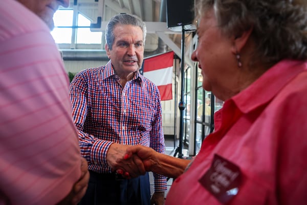 Republican gubernatorial candidate Rick Jackson greets supporters at the first rally of his general election campaign at Meadows at Mossy Creek in Cleveland on July 16, 2026. (Arvin Temkar/AJC)