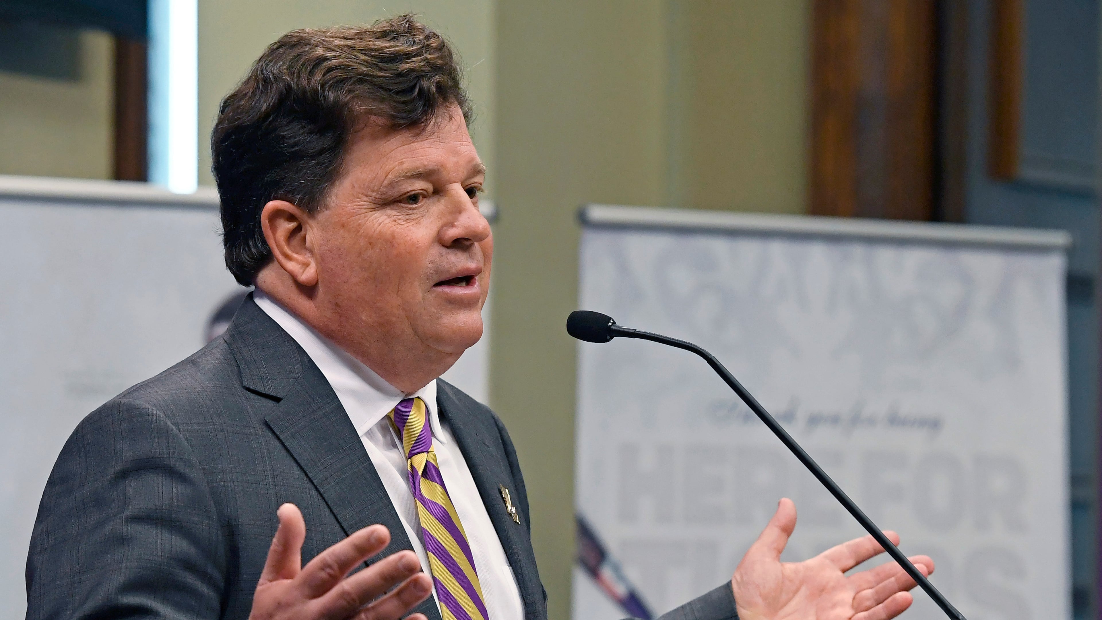 FILE - Scott Woodward answers questions, April 23, 2019, in Baton Rouge, La. (Bill Feig/The Advocate via AP, File)