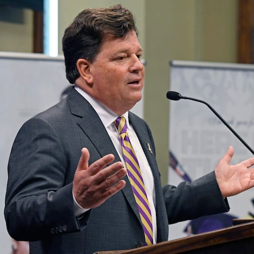 FILE - Scott Woodward answers questions, April 23, 2019, in Baton Rouge, La. (Bill Feig/The Advocate via AP, File)
