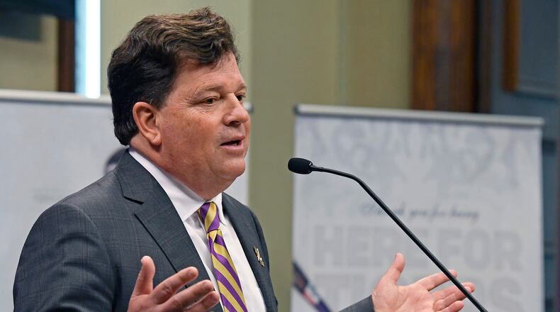 FILE - Scott Woodward answers questions, April 23, 2019, in Baton Rouge, La. (Bill Feig/The Advocate via AP, File)