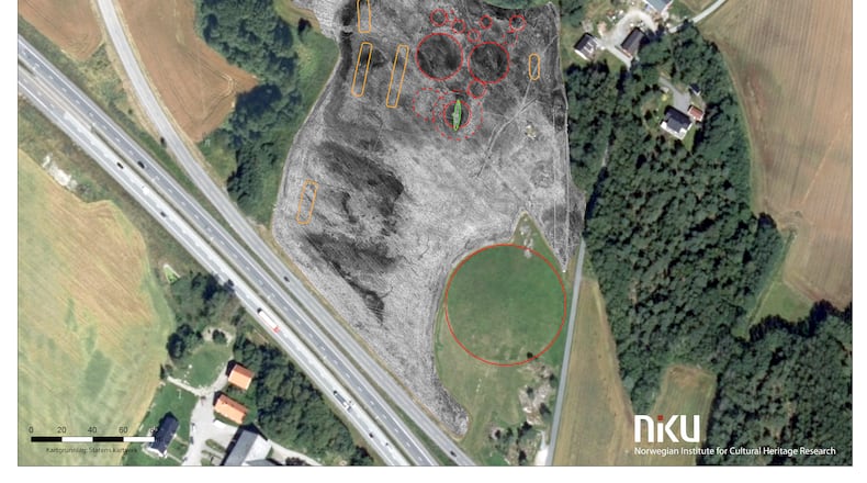 An image provided by NIKU, findings from the site in Gjellestad, Norway, where a Viking Age ship burial was found. The area was surveyed with ground-penetrating radar. (NIKU via The New York Times)-- NO SALES; FOR EDITORIAL USE ONLY WITH NYT STORY VIKING-SHIP BY JENNY GROSS FOR NOV. 11, 2020. ALL OTHER USE PROHIBITED. --.