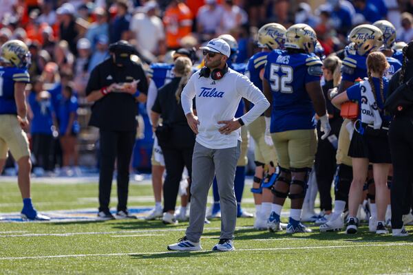 September 05, 2026:.Tulsa Golden Hurricane head coach Tre Lamb looks at the referees during a second quarter time out of the NCAA Football game between Oklahoma State University and the University of Tulsa at H.A. Chapman Stadium in Tulsa, OK. Ron Lane/CSM (Credit Image: © Ron Lane/Cal Sport Media) (Cal Sport Media via AP Images)