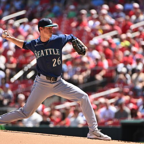 Seattle Mariners pitcher Emerson Hancock delivers against the St. Louis Cardinals during the first inning of a baseball game, Sunday, April 26, 2026, in St. Louis. (AP Photo/Jeff Le)