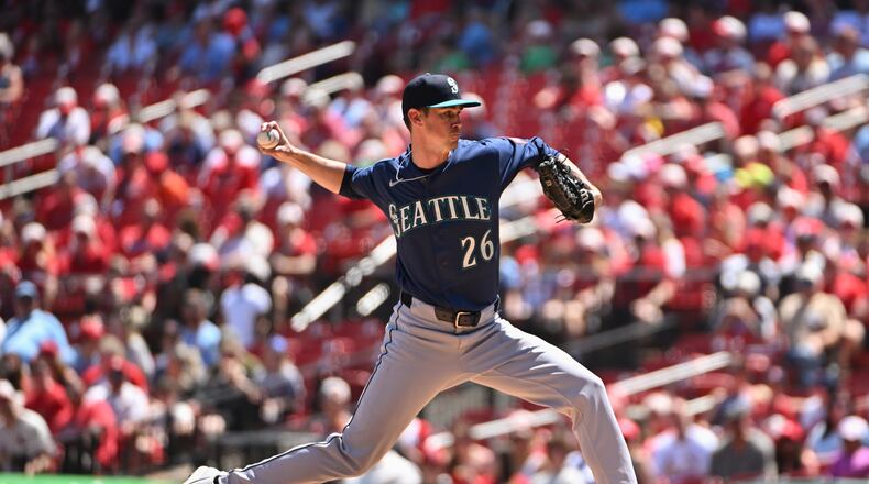 Seattle Mariners pitcher Emerson Hancock delivers against the St. Louis Cardinals during the first inning of a baseball game, Sunday, April 26, 2026, in St. Louis. (AP Photo/Jeff Le)