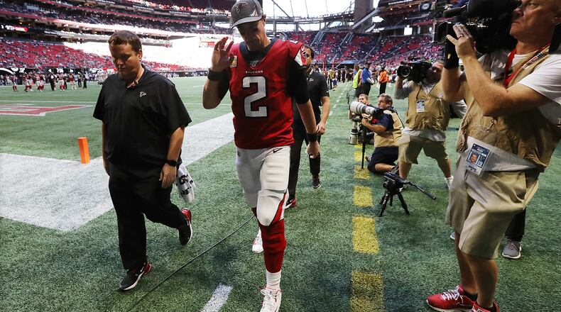 Falcons quarterback Matt Ryan heads to the locker room with an ankle injury during the fourth quarter against the Los Angeles Rams Sunday, Oct. 20, 2019, at Mercedes-Benz Stadium in Atlanta.