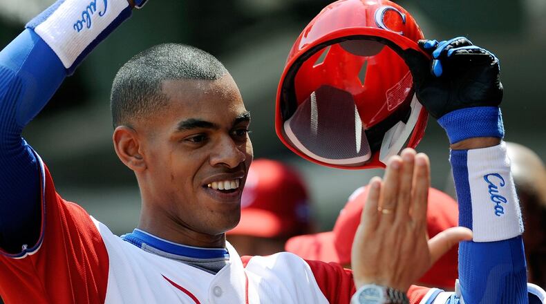 Hector Olivera, shown playing for Cuba in the 2009 World Baseball Classic, could be the Braves’ new third baseman if a proposed three-team deal with the Dodgers and Marlins gets finalized. (Photo by Kevork Djansezian/Getty Images)