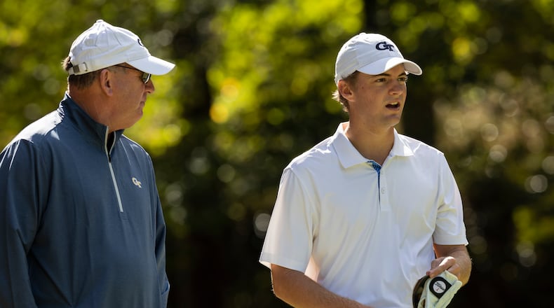 Georgia Tech golf coach Bruce Heppler and senior Tyler Strafaci during the final round of the Golf Club of Georgia Collegiate Invitational, October 20, 2019. (Clyde Click/Georgia Tech Athletics)