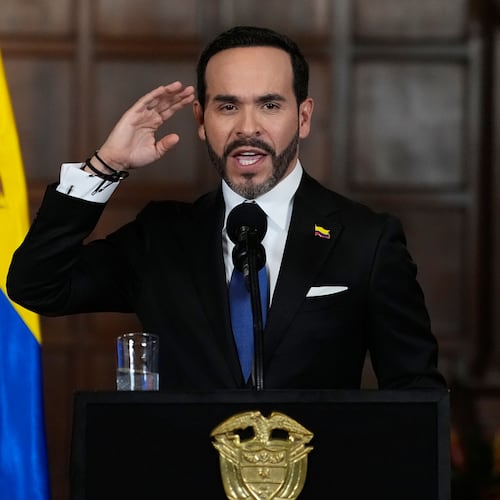 Colombia's President Abelardo De la Espriella announces a joint effort with Bogota's Mayor Carlos Fernando Galan to strengthen security in the Colombian capital through increased police presence, intelligence, technology, and urban capabilities in Bogota, Tuesday, Aug. 25, 2026. (AP Photo/Fernando Vergara)