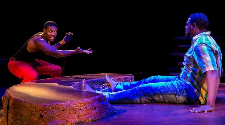 Ibraheem Farmer (left) and Terrance White appear in the drama “The Brothers Size” at Actor’s Express. CONTRIBUTED BY CASEY GARDNER PHOTOGRAPHY