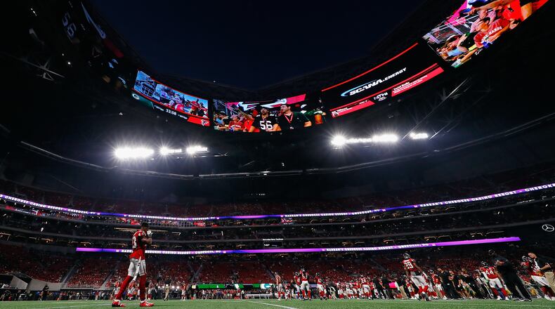 Cornerback Robert Alford of the Falcons stands on the field prior to the game against the at Mercedes-Benz Stadium on Sunday evening in Atlanta.