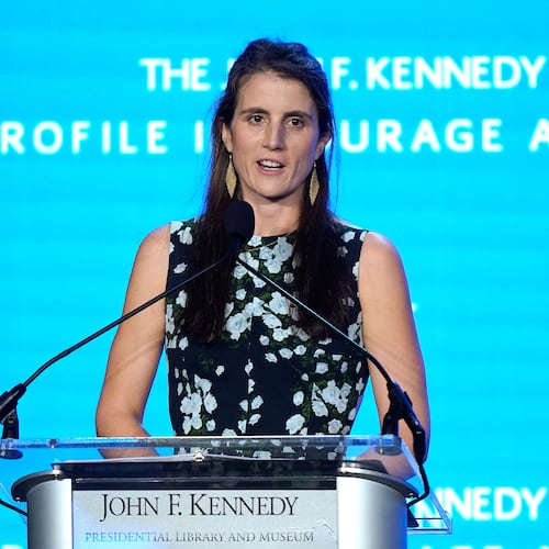 FILE - Tatiana Schlossberg, the daughter of Caroline Kennedy and Edwin Schlossberg, addresses an audience during the John F. Kennedy Profile in Courage Award ceremony, at the John F. Kennedy Presidential Library and Museum in Boston, Oct. 29, 2023. (AP Photo/Steven Senne, File)