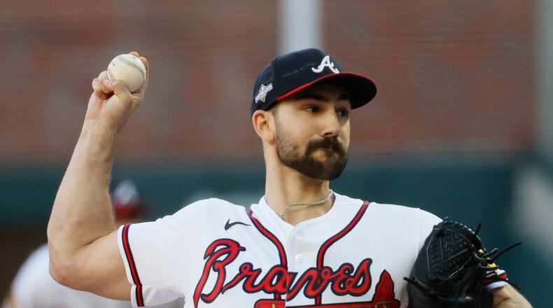 Atlanta Braves starting pitcher Spencer Strider during first inning of Game 1 of the NLDS at Truist Park in Atlanta on Sunday, Oct. 8, 2023.  (Miguel Martinez / Miguel.Martinezjimenez@ajc.com)