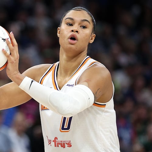 FILE - Phoenix Mercury forward Satou Sabally (0) looks to pass against the Minnesota Lynx during the first half of Game 2 of a WNBA basketball playoff semifinals series Tuesday, Sept. 23, 2025, in Minneapolis. (AP Photo/Matt Krohn, File)