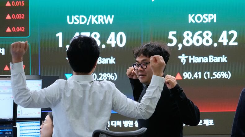Currency traders stretch near a screen showing the Korea Composite Stock Price Index (KOSPI), right, and the foreign exchange rate between U.S. dollar and South Korean won at the foreign exchange dealing room of the Hana Bank headquarters, in Seoul, South Korea, Friday, April 10, 2026. (AP Photo/Ahn Young-joon)