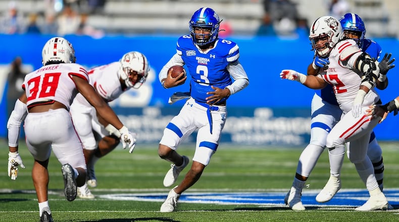Georgia State quarterback Darren Grainger (3) in action against Arkansas State on Nov. 20, 2021 at Center Parc Stadium in Atlanta. (Photo by Rich Von Bieberstein/Georgia State Athletics)