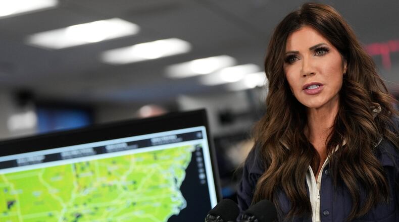 Homeland Security Secretary Kristi Noem speaks about the impending winter weather during a news conference at Federal Emergency Management Agency headquarters, Saturday, Jan. 24, 2026, in Washington. (AP Photo/Julia Demaree Nikhinson)