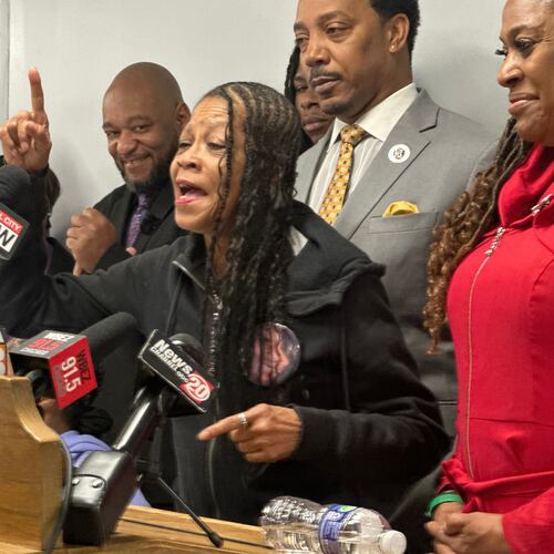 Donna Massey, mother of Sonya Massey, reacts in Springfield, Ill., on Thursday, Jan. 29, 2026, to the 20-year sentence given to former Illinois sheriff's Deputy Sean Grayson for the July 6, 2024 shooting of Sonya in her home in Springfield. (AP Photo/John O'Connor)