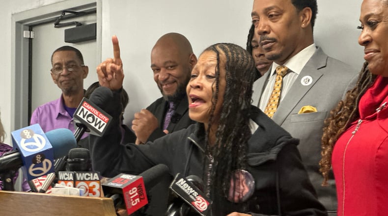 Donna Massey, mother of Sonya Massey, reacts in Springfield, Ill., on Thursday, Jan. 29, 2026, to the 20-year sentence given to former Illinois sheriff's Deputy Sean Grayson for the July 6, 2024 shooting of Sonya in her home in Springfield. (AP Photo/John O'Connor)