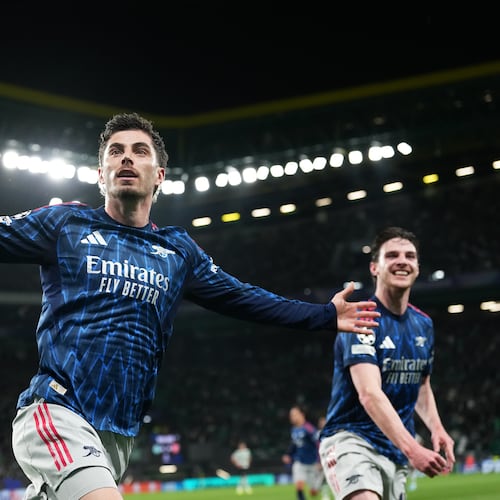 Arsenal's Kai Havertz celebrates after scoring his sides first goal during the Champions League quarterfinals, first leg, soccer match between Sporting CP and Arsenal, in Lisbon, Tuesday, April 7, 2026. (AP Photo/Armando Franca)