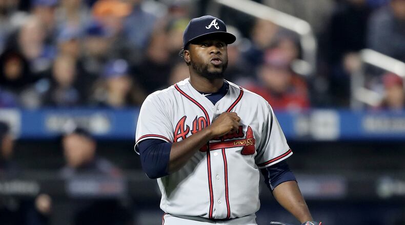 NEW YORK, NY - APRIL 05: Arodys Vizcaino #38 of the Atlanta Braves celebrates after the eighth inning against the New York Mets on April 5, 2017 at Citi Field in the Flushing neighborhood of the Queens borough of New York City. (Photo by Elsa/Getty Images)