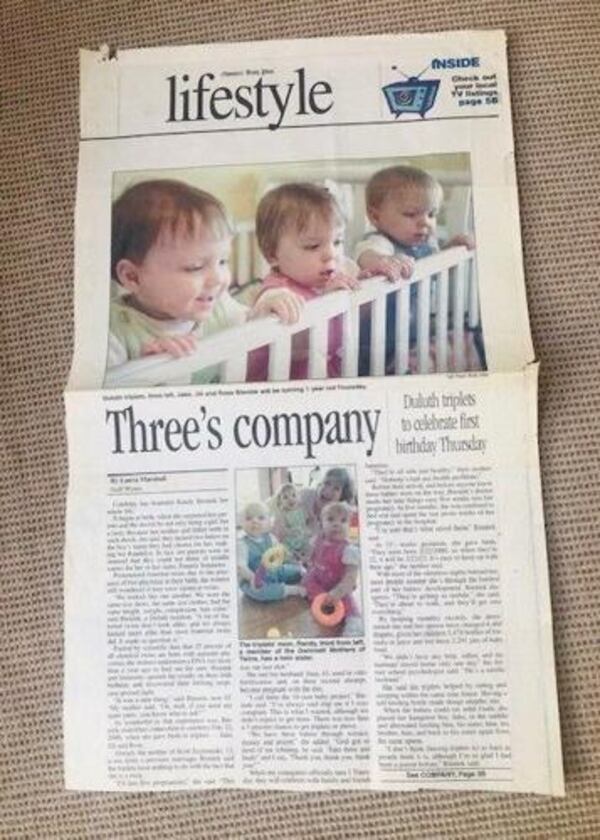 Triplets Ross, Jill and Jake Bieniek were featured in 2001 in the Gwinnett Daily Post on their first birthday. (Randy Bieniek/Handout)