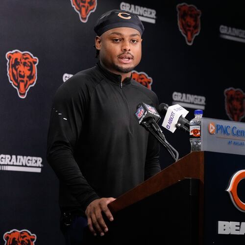 Chicago Bears defensive back Coby Bryant speaks during news conference at the team's NFL football training camp, Wednesday, July 29, 2026, in Lake Forest, Ill. (AP Photo/Nam Y. Huh)