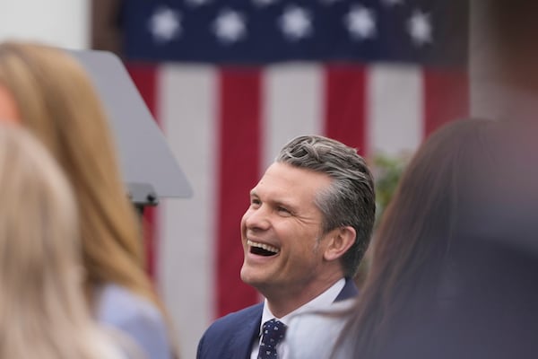 Defense Secretary Pete Hegseth arrives before President Donald Trump speaks during an event to announce new tariffs in the Rose Garden at the White House, Wednesday, April 2, 2025, in Washington. (AP Photo/Mark Schiefelbein)
