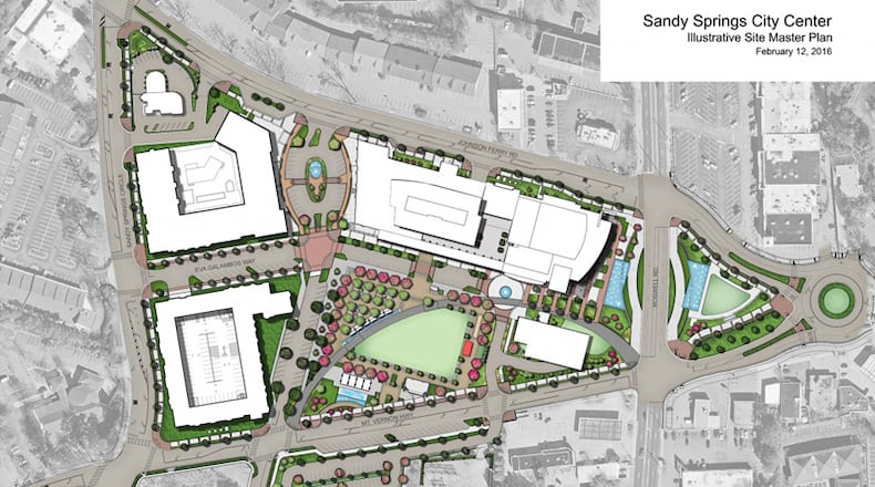 Sandy Springs is in final negotiations to buy a triangular parcel that would form the eastern end of its City Springs downtown redevelopment. The site, on the far right side of the project map, is to become a city park facing Roswell Road, and a traffic roundabout at Johnson Ferry Road and Mount Vernon Highway. CITY OF SANDY SPRINGS