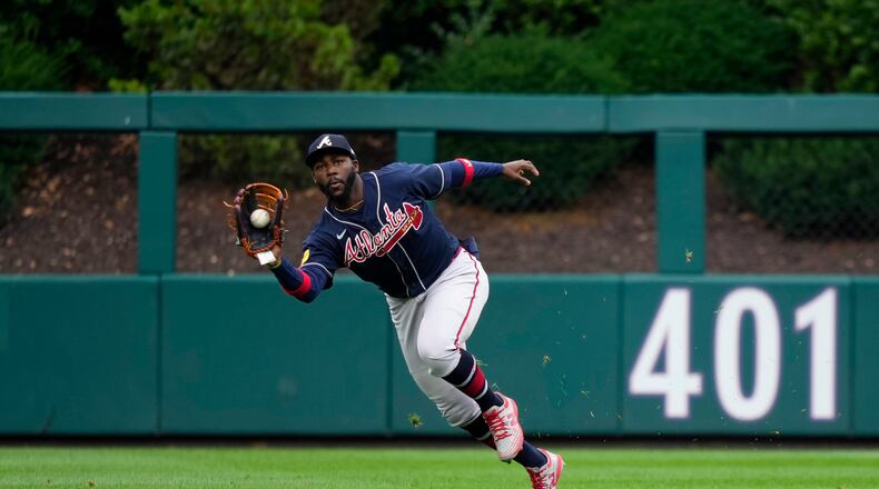 Atlanta Braves center fielder Michael Harris II catches a fly out by Philadelphia Phillies' Bryson Stott during the second inning of a baseball game, Thursday, June 22, 2023, in Philadelphia. (AP Photo/Matt Slocum)